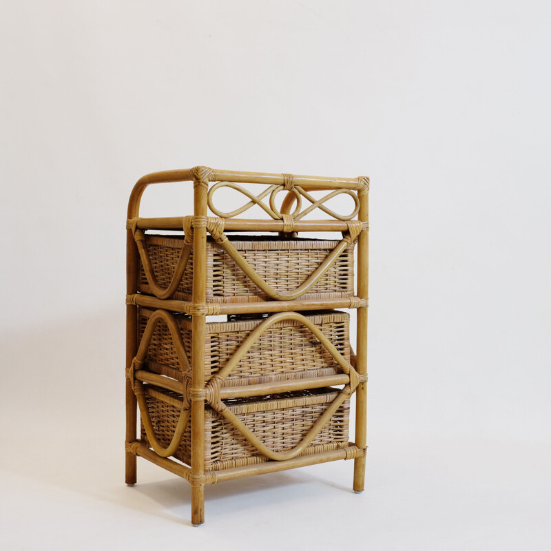 Vintage french bedside table in rattan and wicker 1970