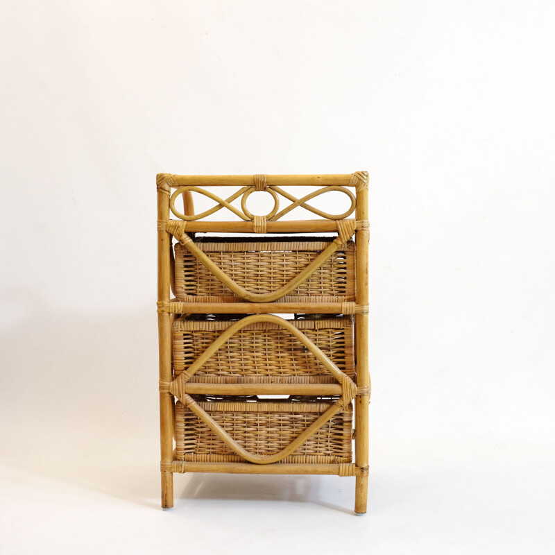 Vintage french bedside table in rattan and wicker 1970