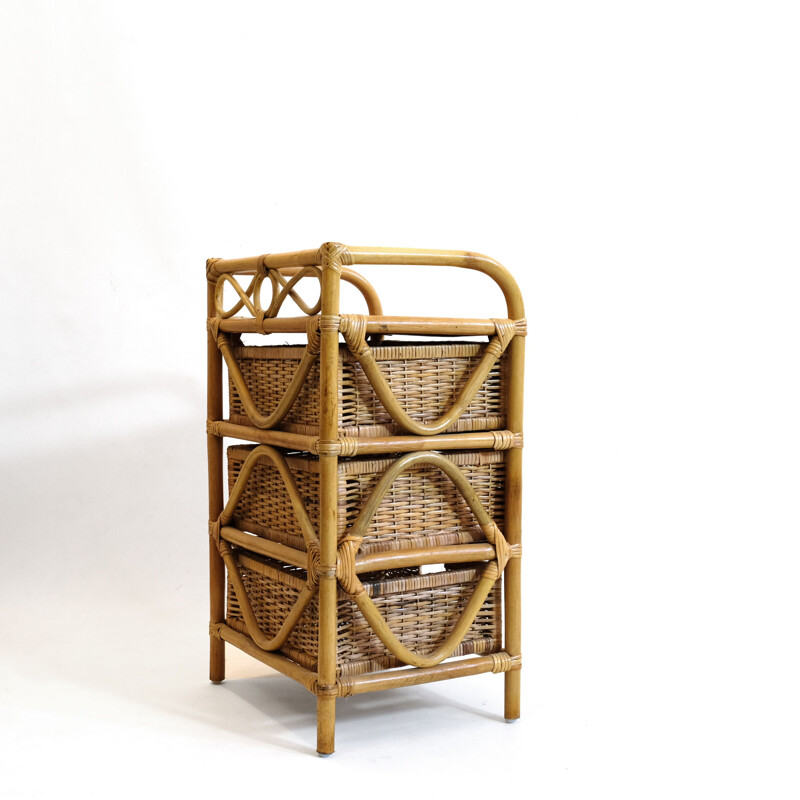 Vintage french bedside table in rattan and wicker 1970