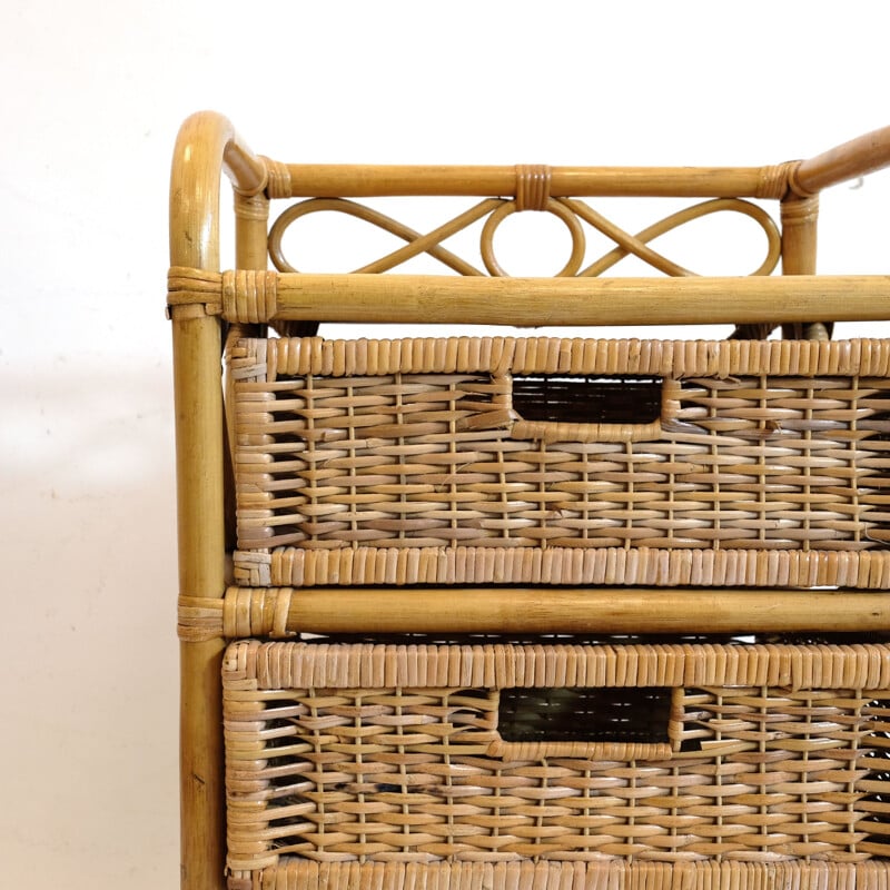 Vintage french bedside table in rattan and wicker 1970