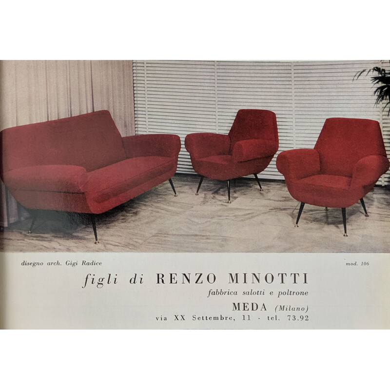 Fauteuil vintage en velours par Gigi Radice pour Minotti Italie 1950