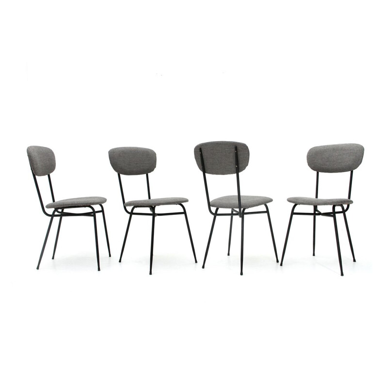 Ensemble de 4 chaises à repas vintage métal noir et tissu gris années 1950