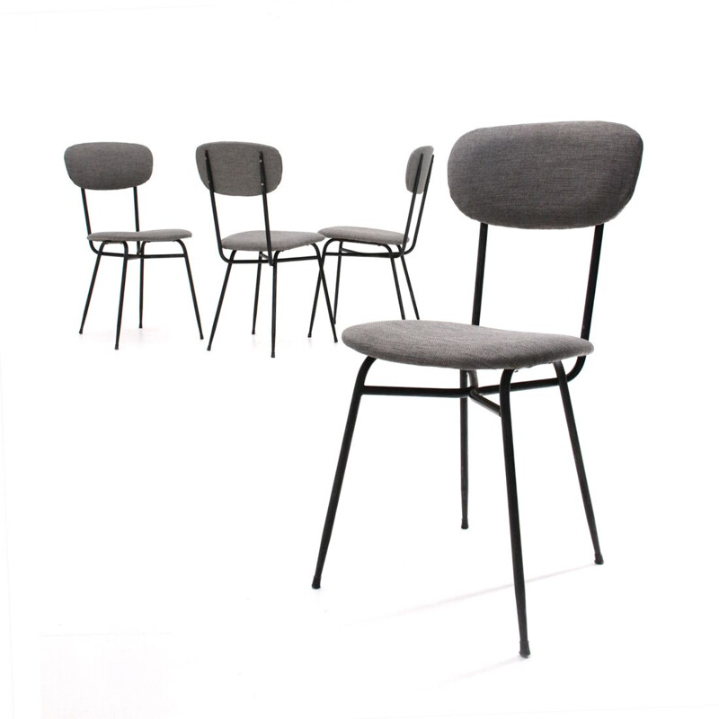 Set of 4 vintage dining chairs black metal and grey fabric 1950s