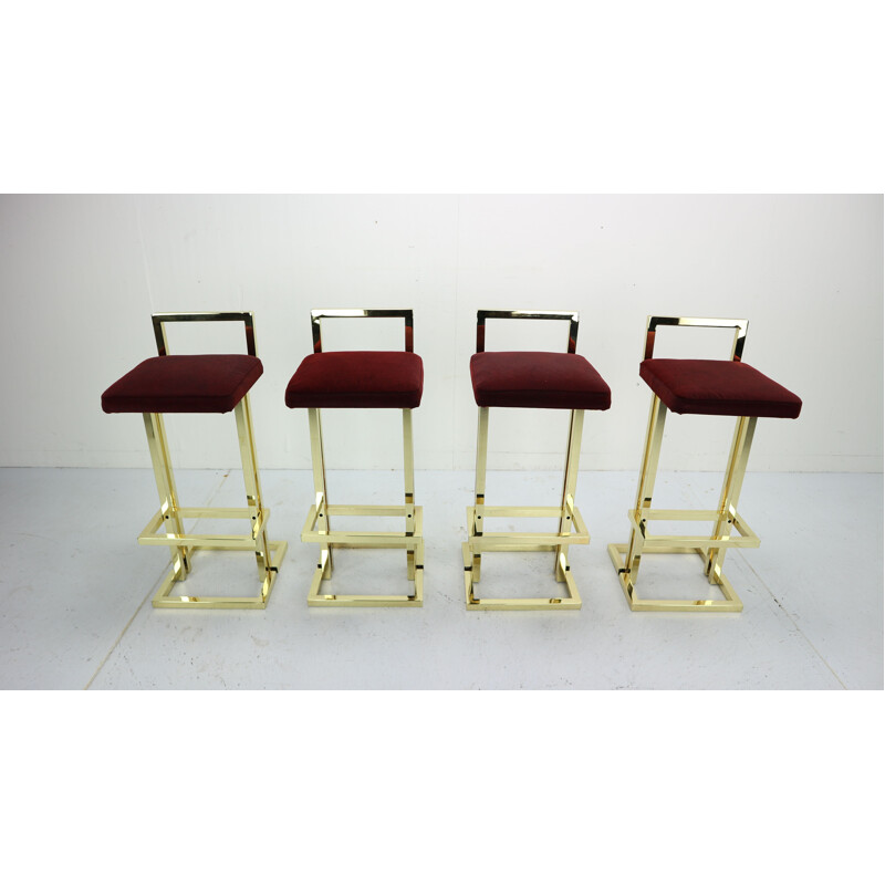 Set of 4 vintage stools for Maison Jansen in brass and red fabric 1970