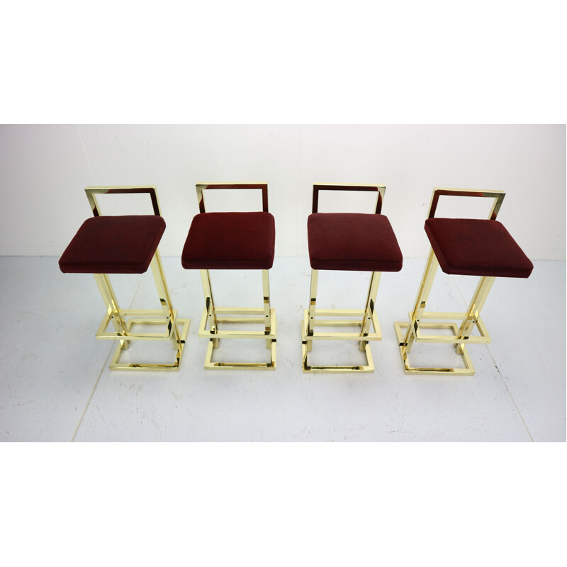Set of 4 vintage stools for Maison Jansen in brass and red fabric 1970