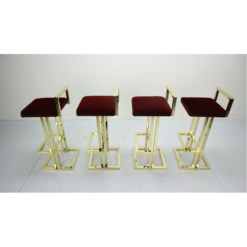 Set of 4 vintage stools for Maison Jansen in brass and red fabric 1970