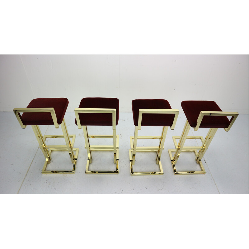 Set of 4 vintage stools for Maison Jansen in brass and red fabric 1970