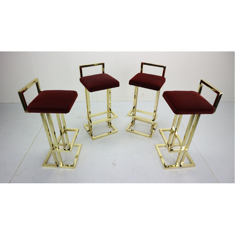 Set of 4 vintage stools for Maison Jansen in brass and red fabric 1970