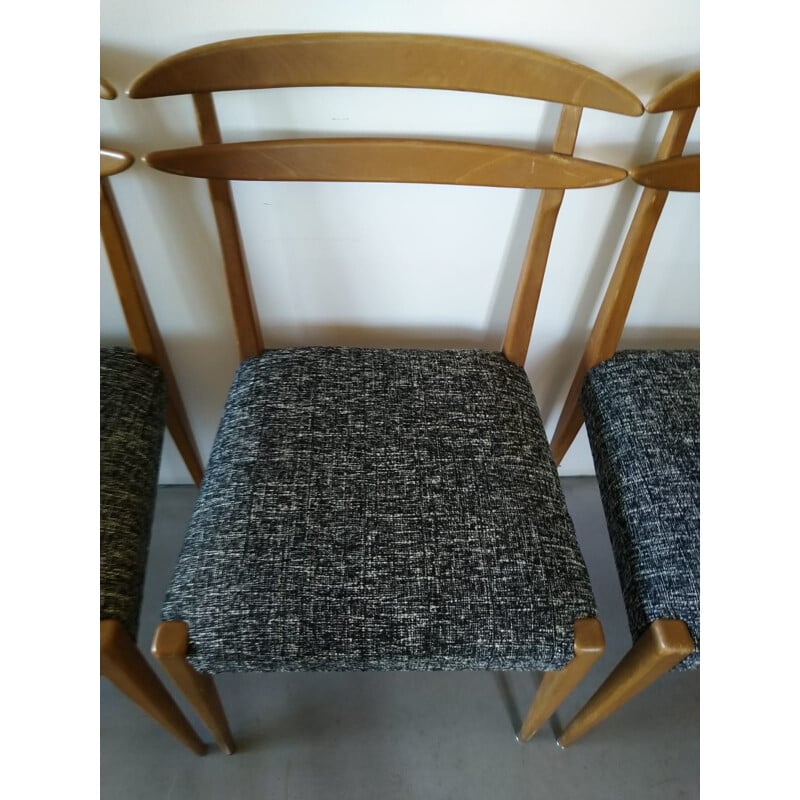 Suite de 4 chaises vintage scandinaves en tissu chiné noir et blanc 1960