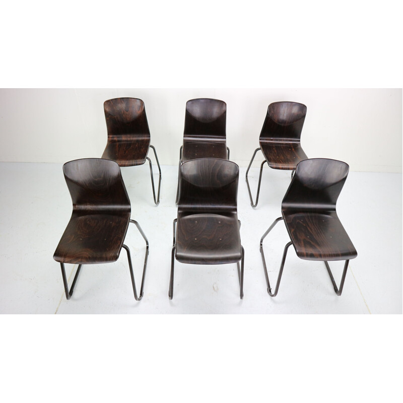 Set of 6 vintage chairs for Galvanitas in wood and metal