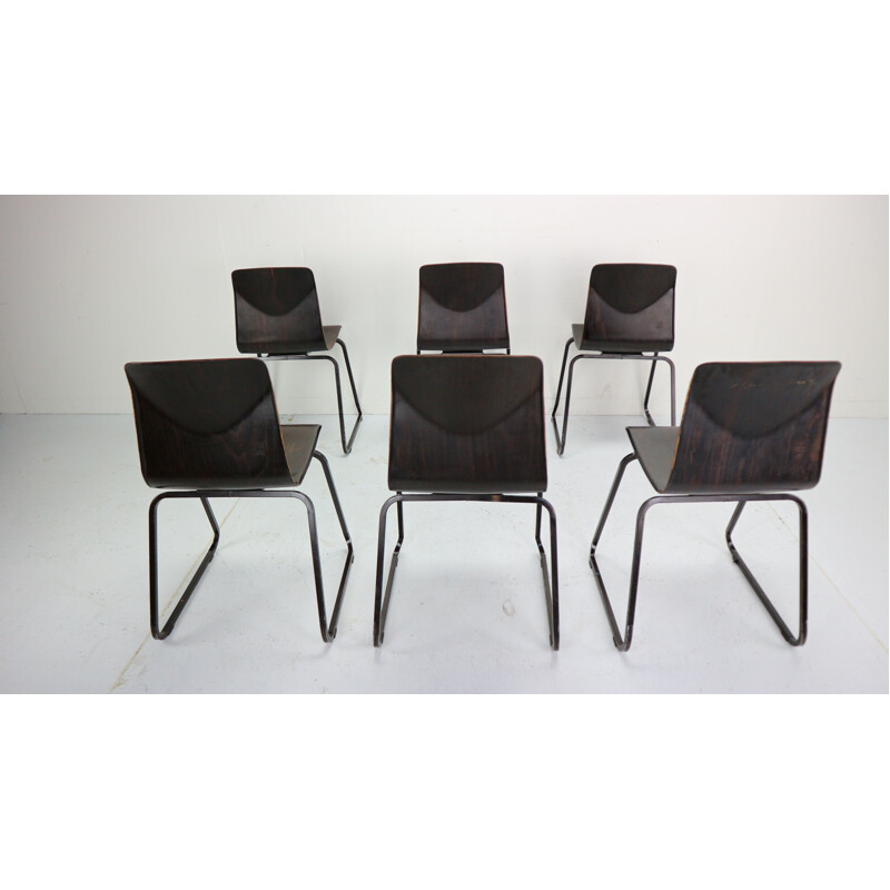 Set of 6 vintage chairs for Galvanitas in wood and metal