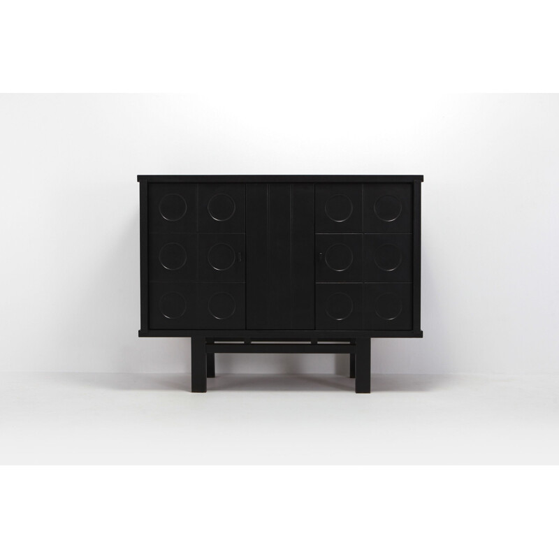 Vintage black highboard for De Coene with geometric doors in dark oakwood 1970