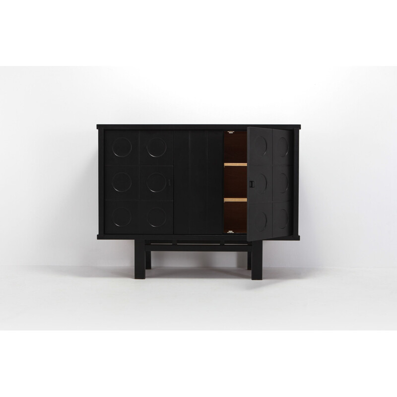 Vintage black highboard for De Coene with geometric doors in dark oakwood 1970