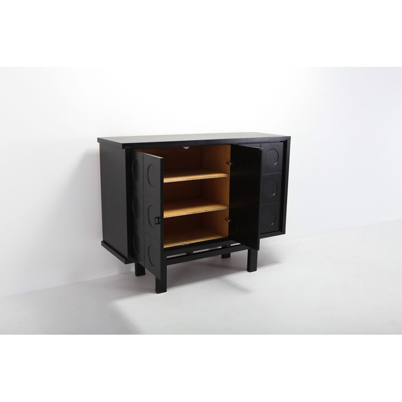 Vintage black highboard for De Coene with geometric doors in dark oakwood 1970