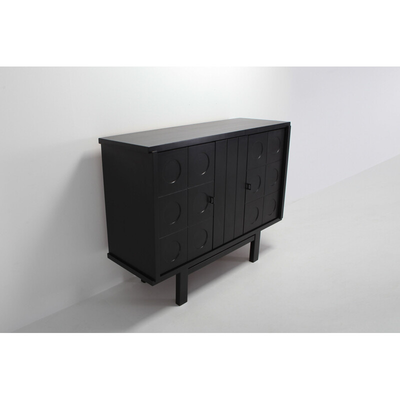 Vintage black highboard for De Coene with geometric doors in dark oakwood 1970