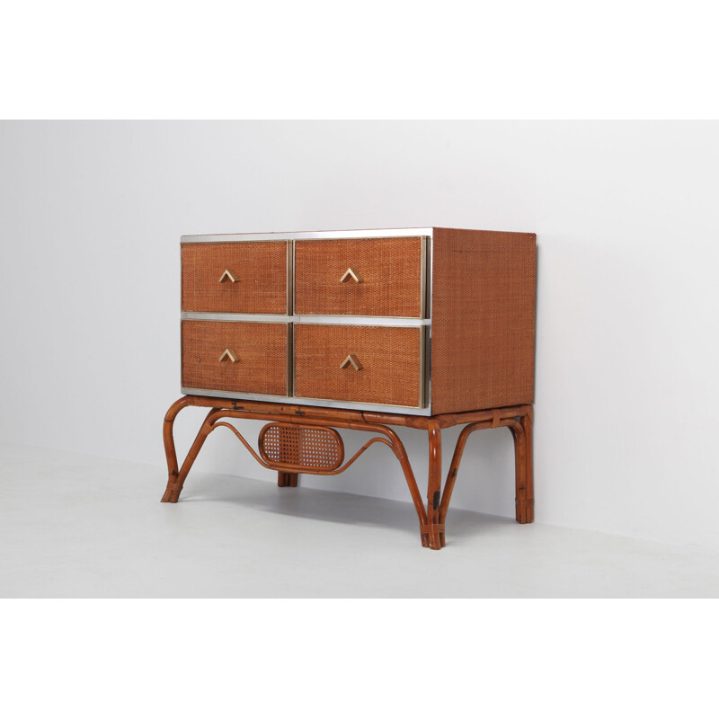 Vintage chest of drawers for Vivai del Sud in rattan bamboo brass and chrome