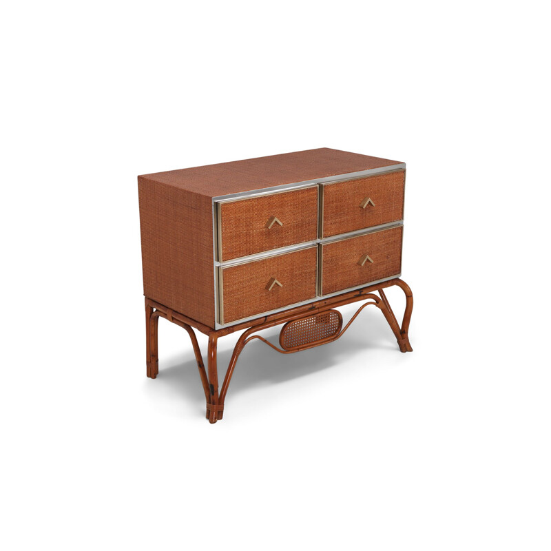 Vintage chest of drawers for Vivai del Sud in rattan bamboo brass and chrome