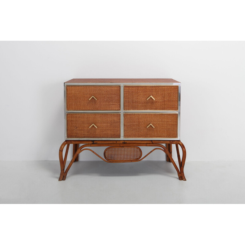 Vintage chest of drawers for Vivai del Sud in rattan bamboo brass and chrome