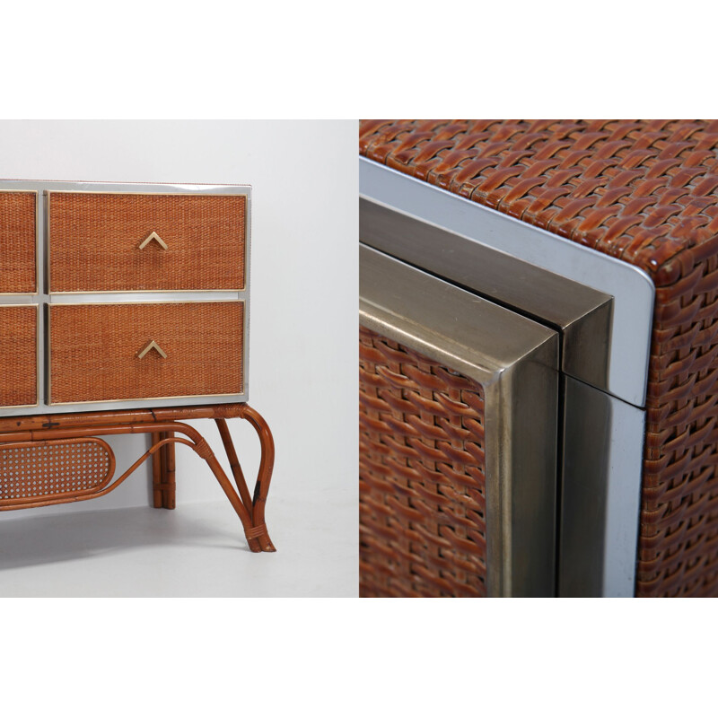 Vintage chest of drawers for Vivai del Sud in rattan bamboo brass and chrome