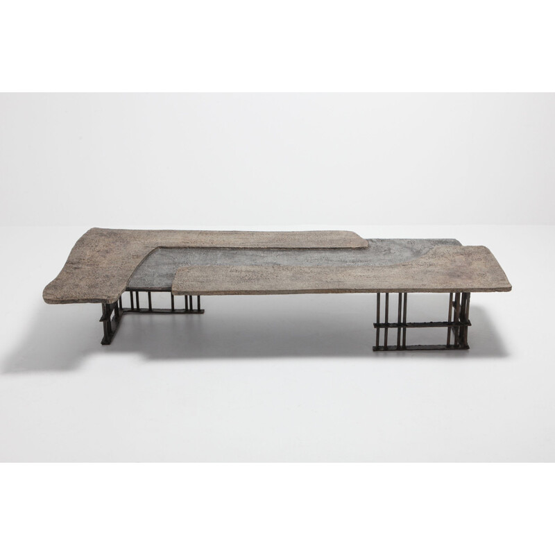 Table basse vintage pour Pia Manu en pierre et aluminium 1970