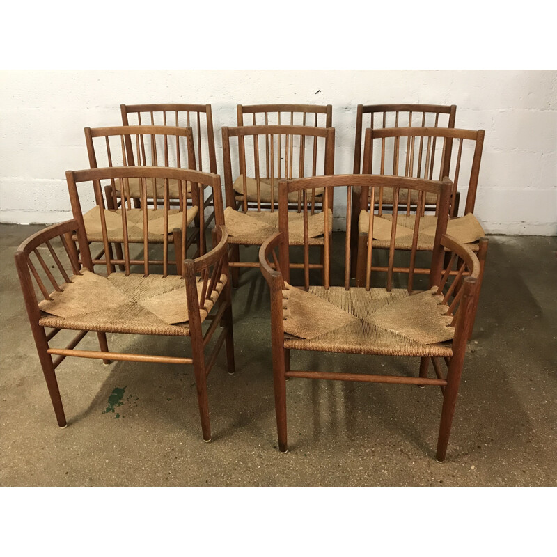 Set of 8 vintage chairs for FDB Mobler in oak and rope 1960