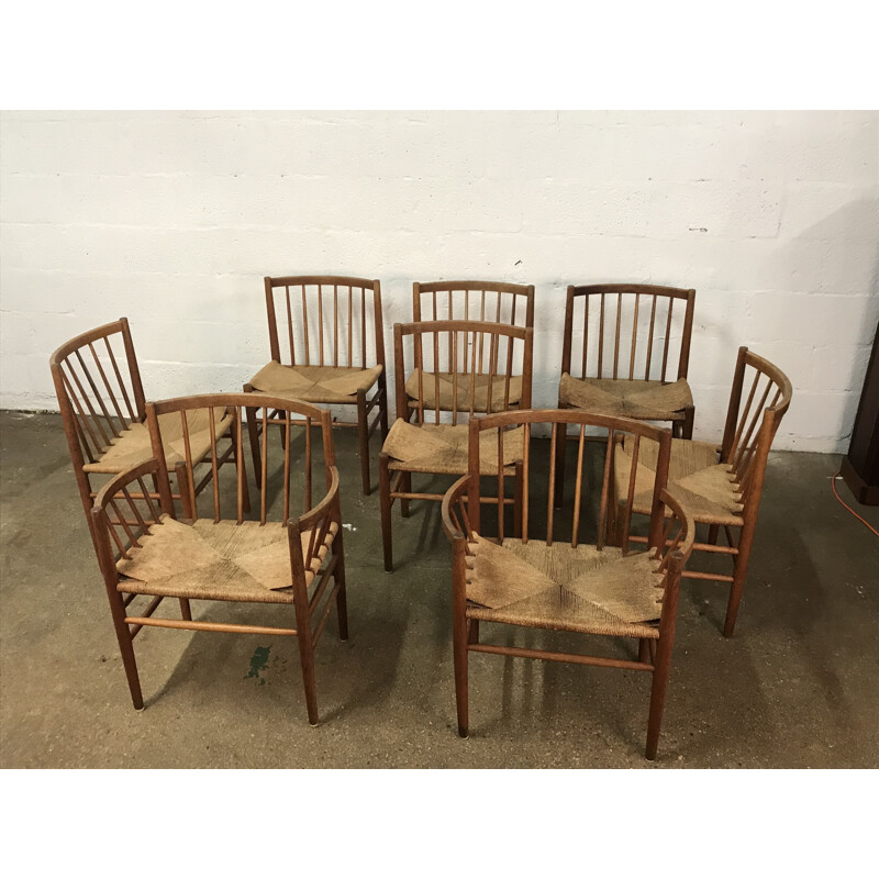 Set of 8 vintage chairs for FDB Mobler in oak and rope 1960