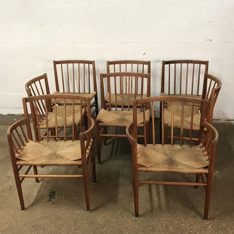 Set of 8 vintage chairs for FDB Mobler in oak and rope 1960