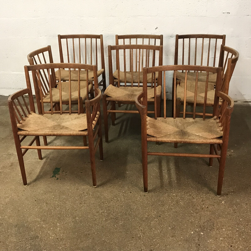 Set of 8 vintage chairs for FDB Mobler in oak and rope 1960