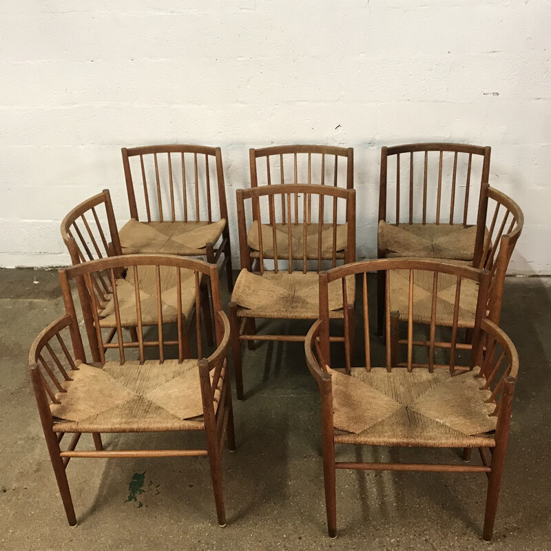 Set of 8 vintage chairs for FDB Mobler in oak and rope 1960