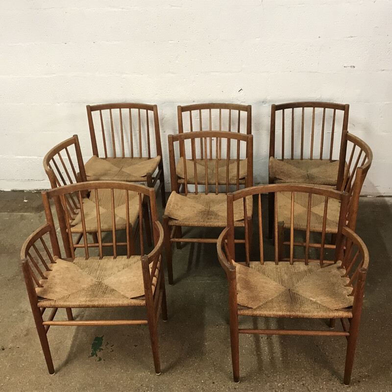 Suite de 8 chaises vintage pour FDB Mobler en chêne et corde 1960