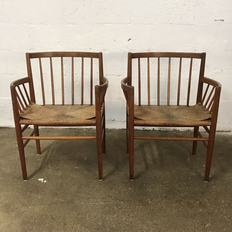 Set of 8 vintage chairs for FDB Mobler in oak and rope 1960