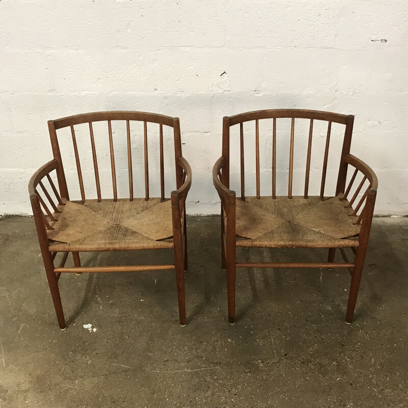 Set of 8 vintage chairs for FDB Mobler in oak and rope 1960