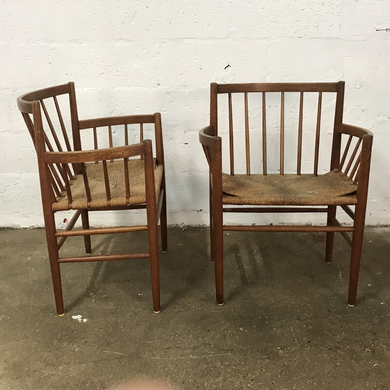 Set of 8 vintage chairs for FDB Mobler in oak and rope 1960