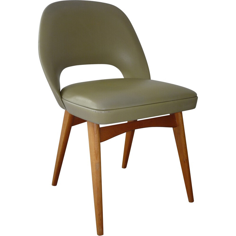 Vintage chair in beechwood and olive green leatherette - 1970s