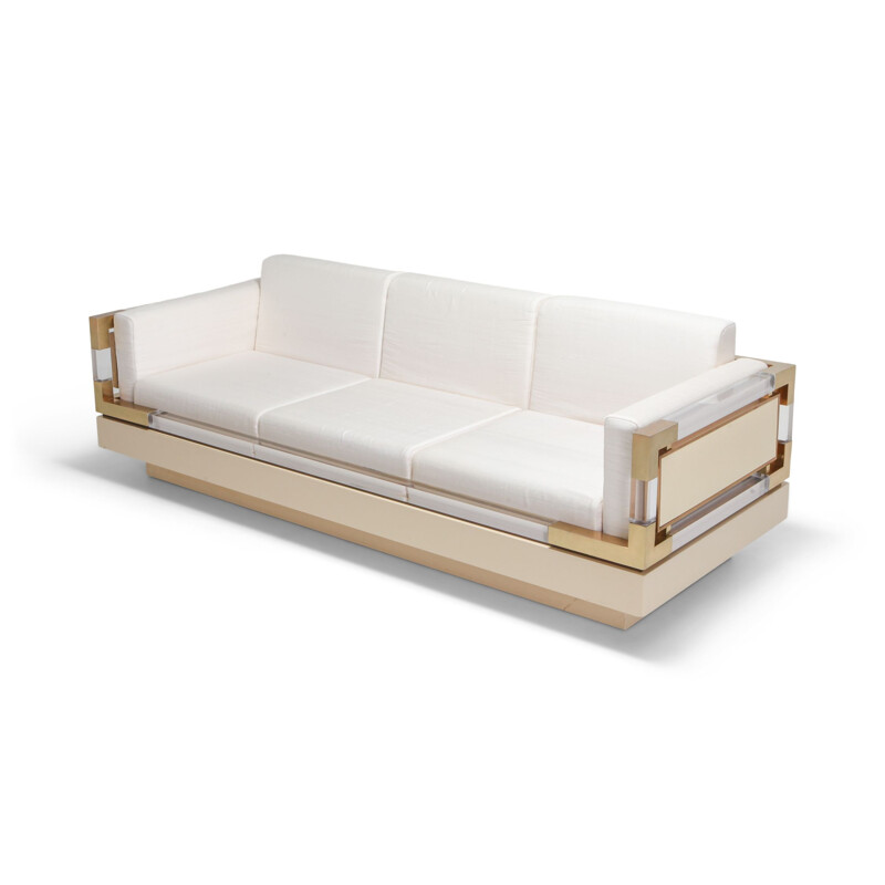 Vintage 3 seater sofa in Cream Lacquer, Brass and Lucite