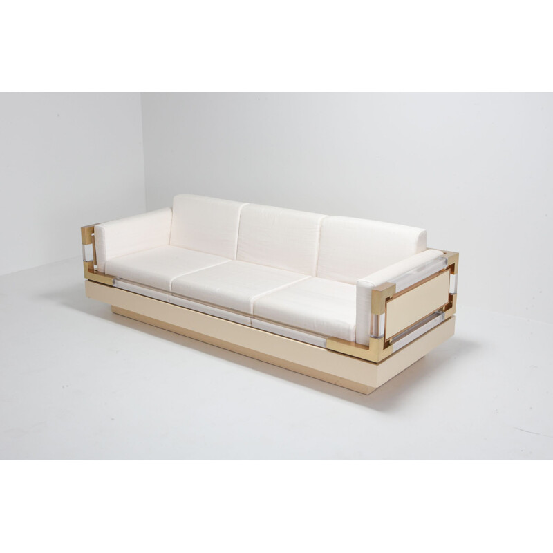 Vintage 3 seater sofa in Cream Lacquer, Brass and Lucite