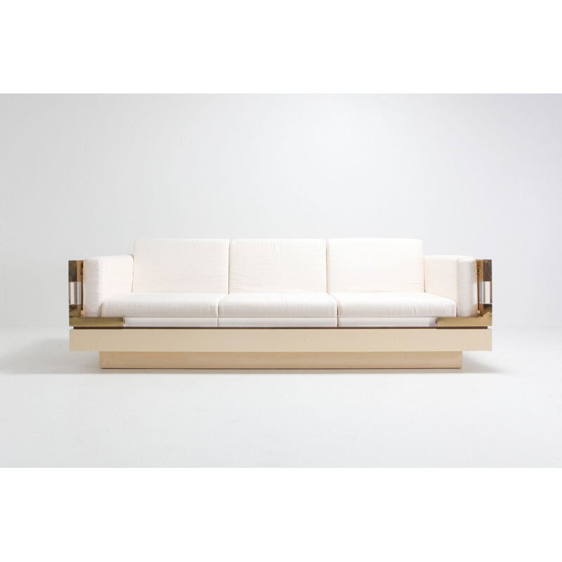 Vintage 3 seater sofa in Cream Lacquer, Brass and Lucite