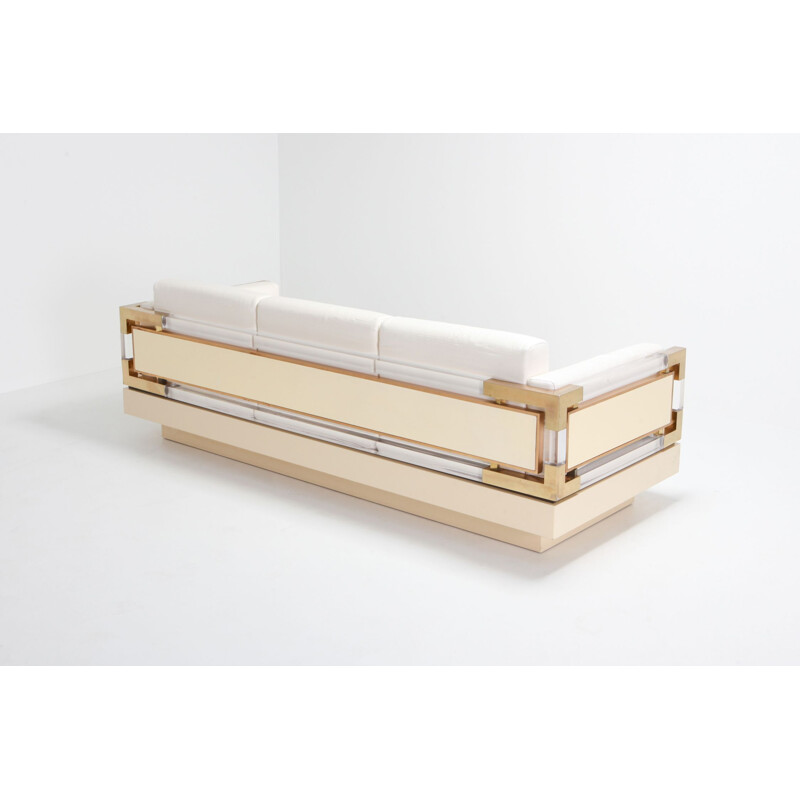 Vintage 3 seater sofa in Cream Lacquer, Brass and Lucite