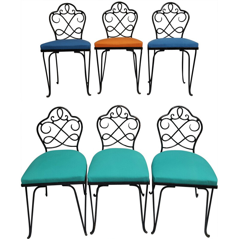 Conjunto de 6 cadeiras de ferro forjado e tecido, René PROU - 1930