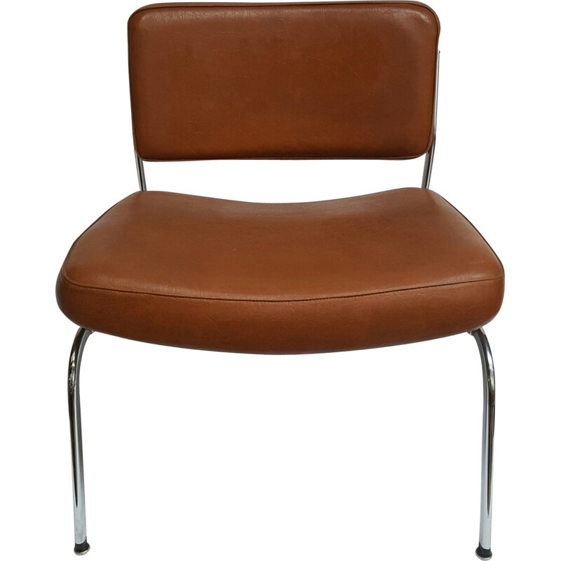 Vintage low chair in metal and brown leatherette - 1960s