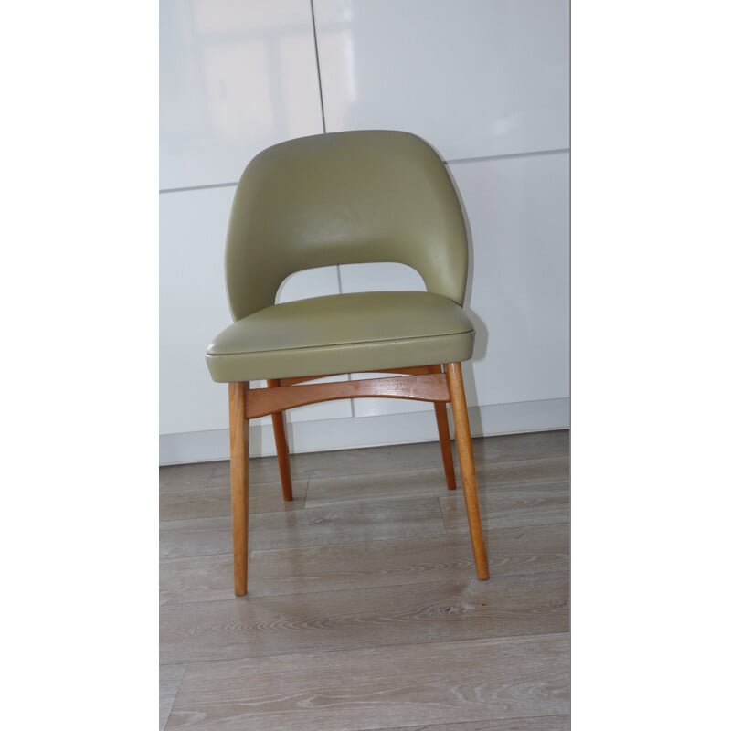 Vintage chair in beechwood and olive green leatherette - 1970s