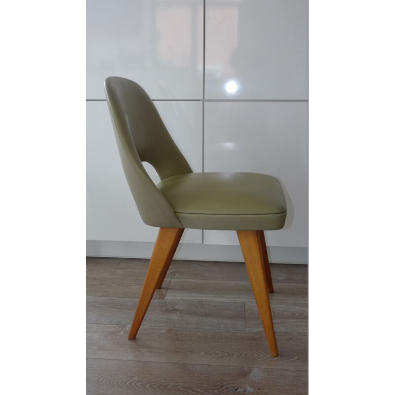 Vintage chair in beechwood and olive green leatherette - 1970s