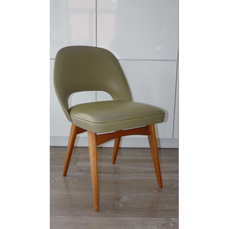 Vintage chair in beechwood and olive green leatherette - 1970s