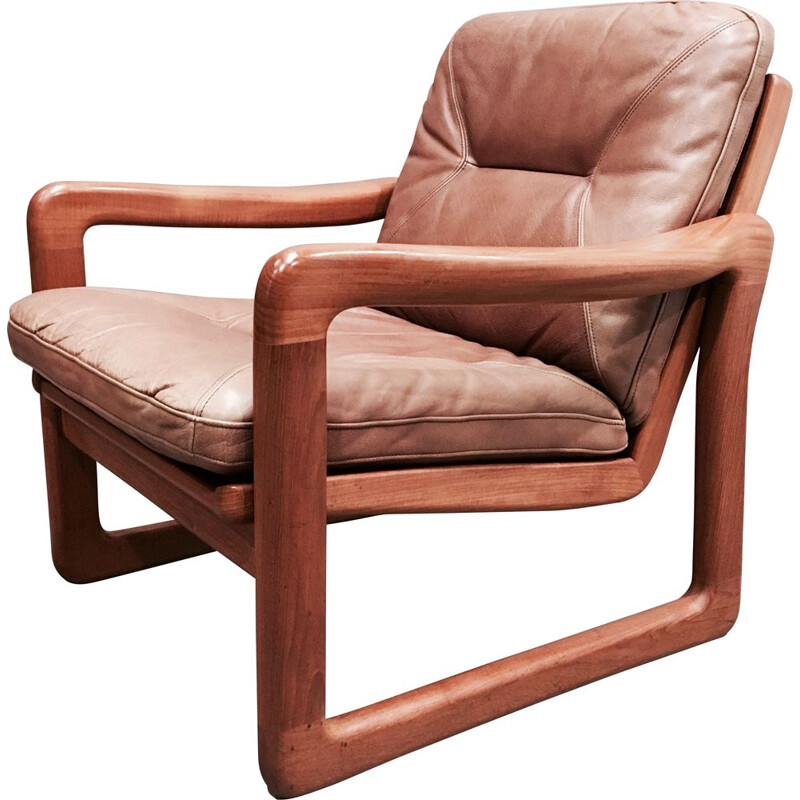 Scandinavian vintage armchair in teak and brown leather 1960