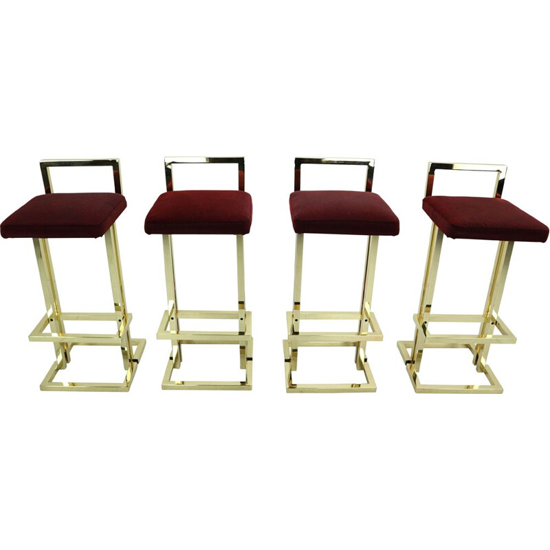 Set of 4 vintage stools for Maison Jansen in brass and red fabric 1970