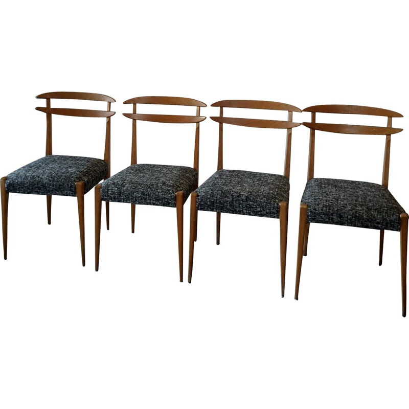 Set of 4 vintage scandinavian chairs in black and white fabric 1960