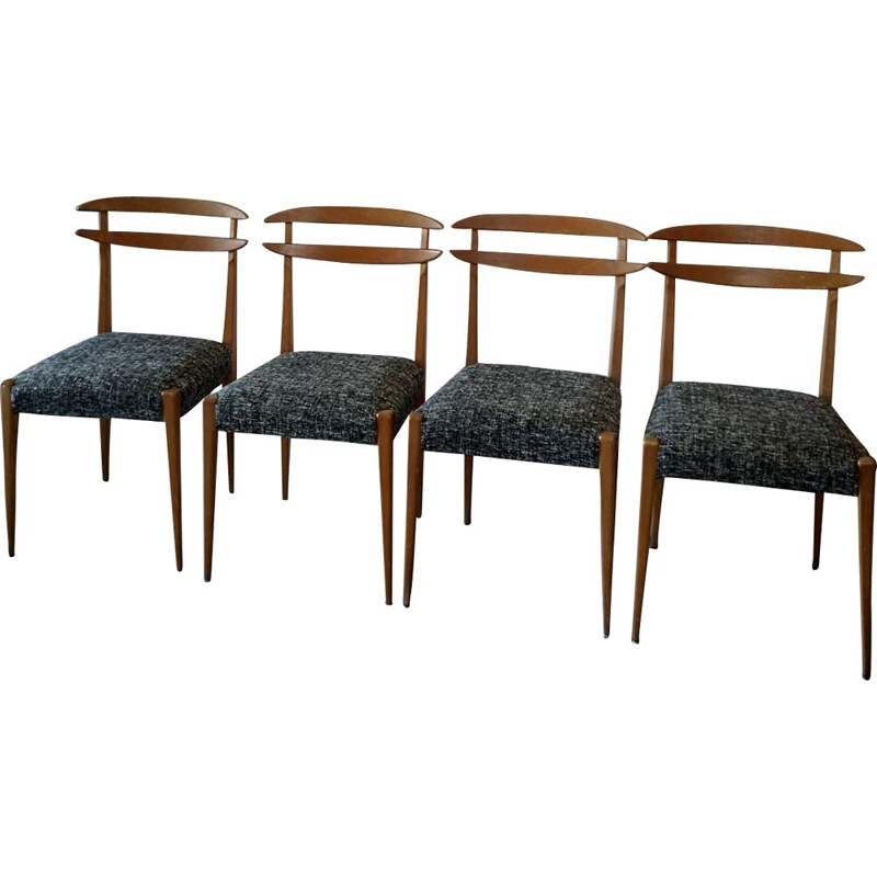 Suite de 4 chaises vintage scandinaves en tissu chiné noir et blanc 1960