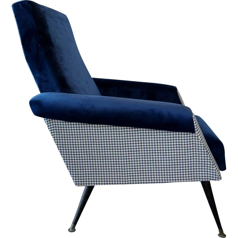 Vintage armchair in dark blue velvet and wood 1950