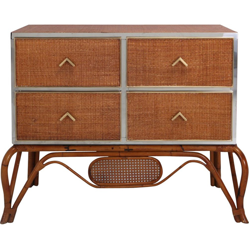 Vintage chest of drawers for Vivai del Sud in rattan bamboo brass and chrome