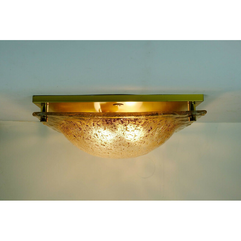 Vintage ceiling lamp in ice glass and brass by Kaiser Leuchten, 1970
